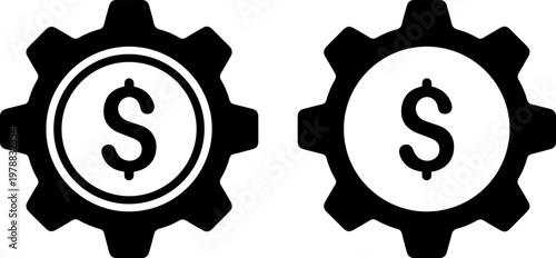 Two black gear icons with dollar signs in the center on a white background