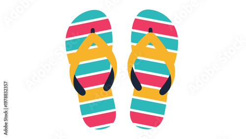 Pair of vibrant summer flip-flops featuring blue, pink, and yellow stripes with yellow straps isolated on a white background for travel.