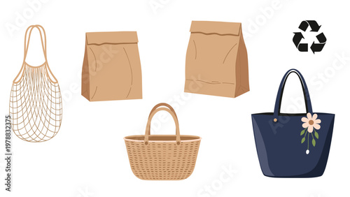 Collection of eco-friendly shopping bags including a mesh bag, paper bags, a wicker basket, and a dark blue tote bag with a flower design.