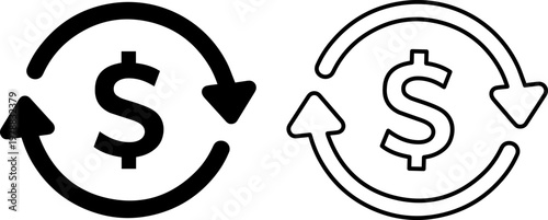 A simple black and white illustration of two dollar sign icons with circular arrows