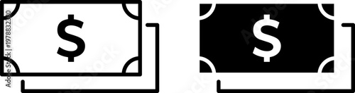 A graphic illustration of two dollar bill icons in black and white on a clean background