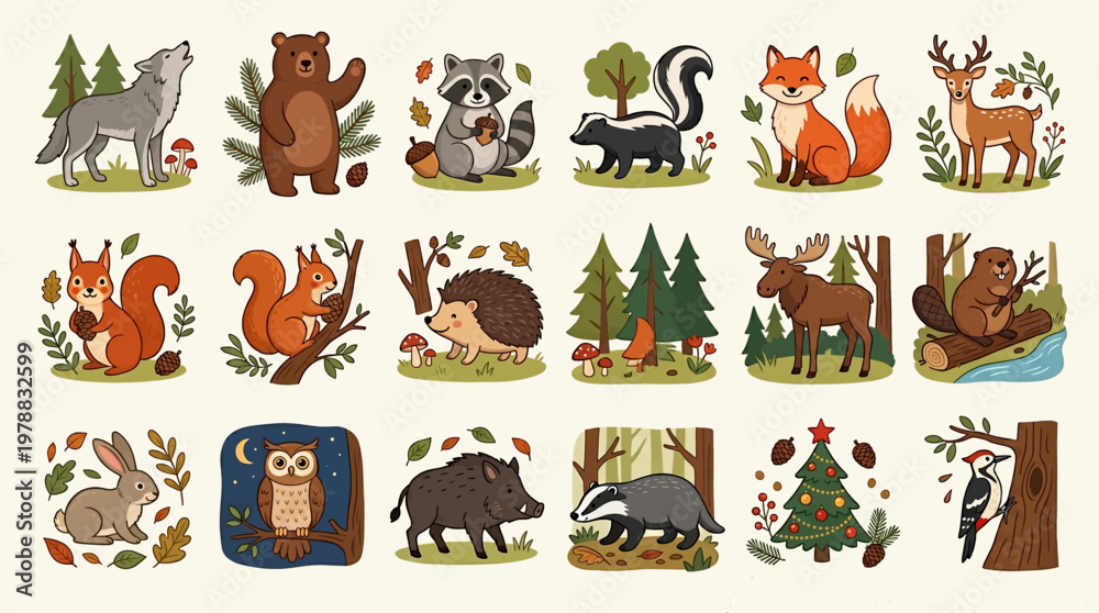 Obraz premium Forest Animals Icons, Woodland Creature Symbols, Wildlife Illustrations, 20 Vector Graphics