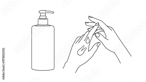 Simple line drawing of a pump bottle and a pair of hands applying lotion or moisturizer for skin care or hygiene purposes.
