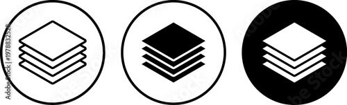 A set of three icons featuring stacked square shapes in different design variations