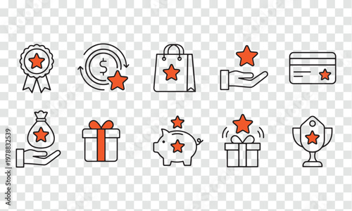 Collection of loyalty program icons with stars trophies gifts money bag piggy bank flat design line art customer service collection credit card certificate appreciation