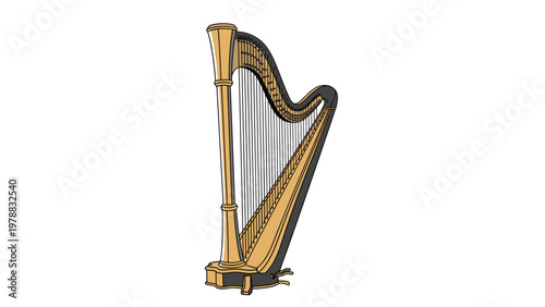 Detailed illustration of a classical concert harp with a golden wooden frame and many strings isolated on a plain white background.