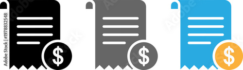 A set of colorful receipt icons with dollar signs on a white background
