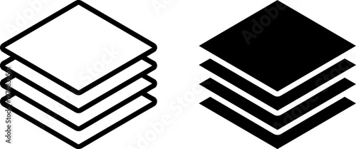 A simple graphic design featuring two stacks of square shapes in black and white