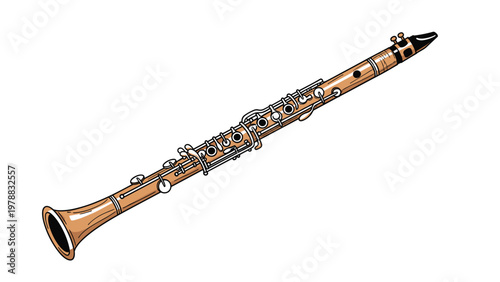 Detailed illustration of a woodwind clarinet with a wooden body and silver keys arranged diagonally on a plain white background.
