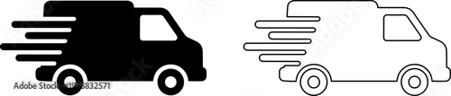 A black and white illustration of two delivery vans speeding to their destination