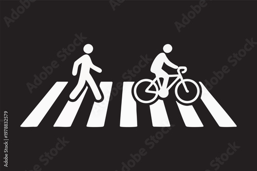 Pedestrian and cyclist crossing zebra crossing symbol on black background. safe street design for shared spaces