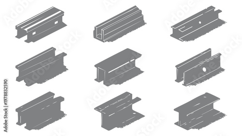 Gray Structural Steel Beam and Metal Profile Silhouette Set
