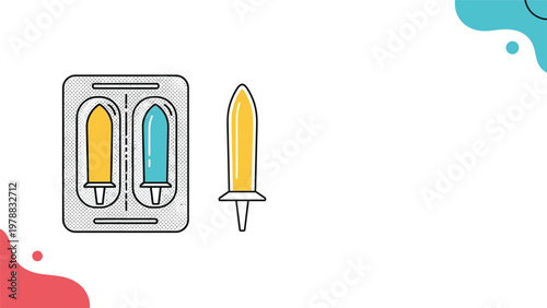 Medical illustration of two colorful suppositories in a blister pack and one single suppository on a plain white background.