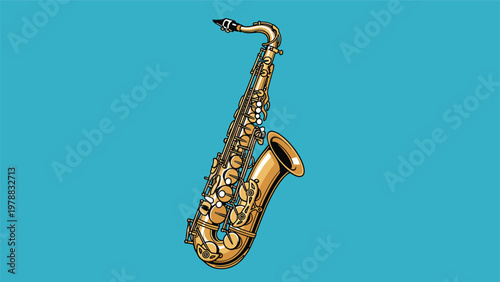 Detailed illustration of a golden brass saxophone with black mouthpiece and silver keys on a light blue background for music themes.