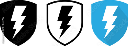 A set of shield logos with lightning bolts in black, white, and blue colors for protection and security concepts