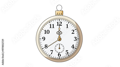 Elegant illustration of a vintage gold pocket watch with large Roman numerals and intricate hands on a plain white background.
