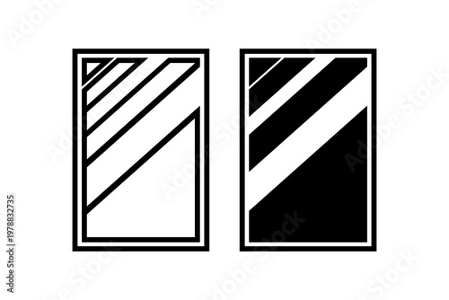Geometric black and white abstract art panels with mirror-like patterns.