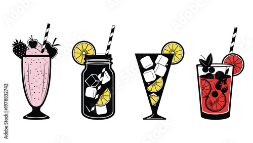 Set of four stylized illustrations of different cold beverages including berry milkshakes, iced tea, and fruity cocktails for menu.