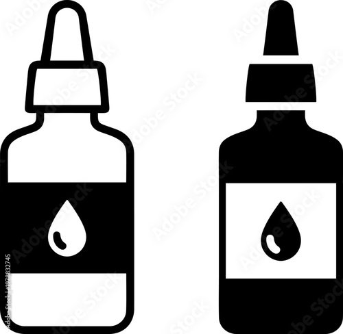 Two black and white dropper bottles with teardrop labels on a plain background