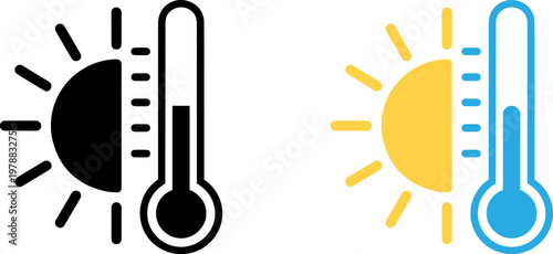 A graphic illustration of temperature icons showing sun and thermometer symbols in black and color