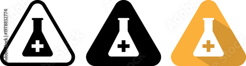 Three triangular warning signs with beakers and crosses on a white background