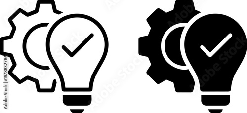 A pair of lightbulb and gear icons with checkmarks in black and white on a clean background