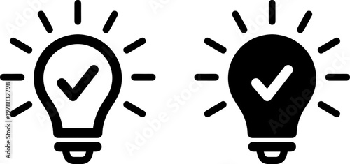 Two black and white lightbulb icons with checkmarks and rays on a plain white background