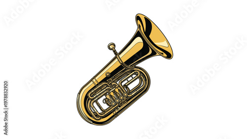 Large golden brass tuba wind musical instrument with valves and mouthpiece isolated on a white background in vector art.