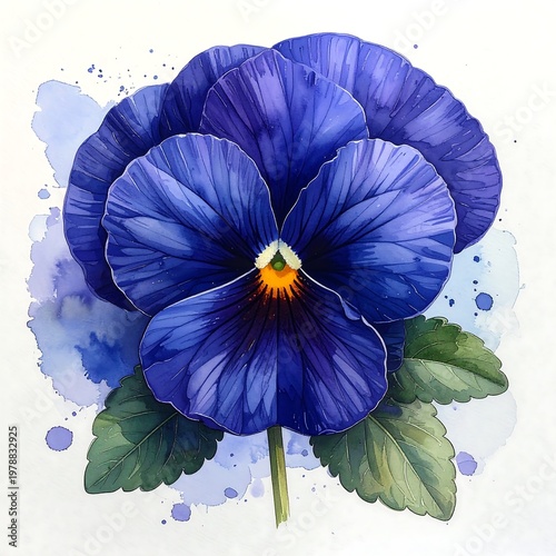 Vibrant watercolor depiction of a pansy. The flower boasts rich blue petals, a golden center, and gentle green leaves
