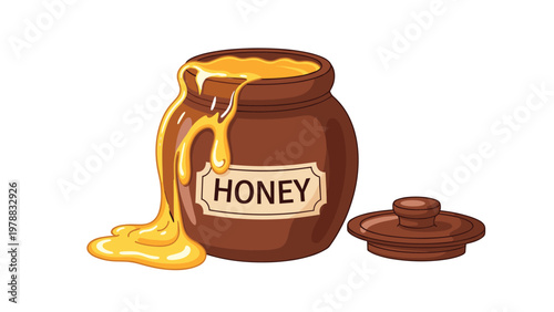 Brown ceramic honey pot with golden dripping honey and an open lid isolated on a white background in a flat vector style.