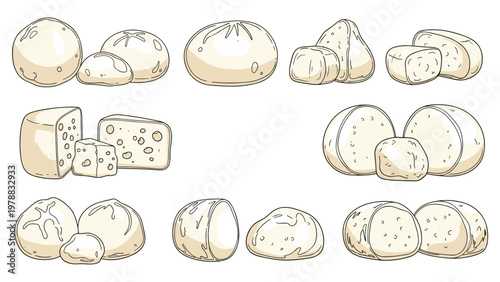 Set of different types of soft and semi soft cheeses including mozzarella, burrata, and round cheese balls in flat style.