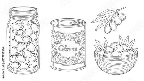 Set of olives in various containers including a glass jar, tin can, wooden bowl, and on a branch in black line art style.