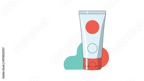 Simple cosmetic tube for cream or lotion with red cap and circular decorations isolated on a clean white background.