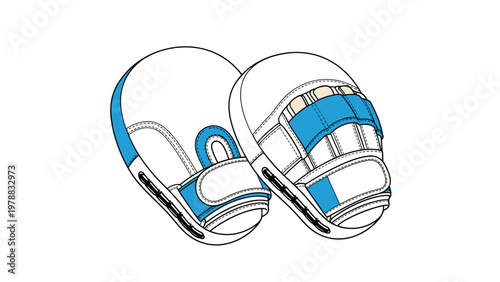 Pair of white and blue boxing punching mitts or focus pads for combat sports training isolated on a white background.