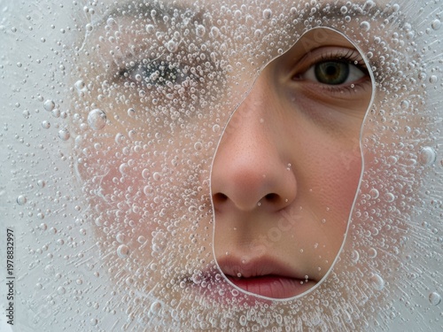 Close-up portrait of a person's face seen through a pane of textured ice with air bubbles, revealing eyes and lips in a surreal, frozen artistic composition.