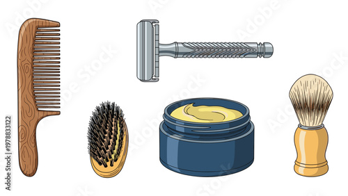 Professional grooming set for men featuring a wooden comb, hairbrush, metal safety razor, shaving cream jar, and a soft bristle shaving brush.