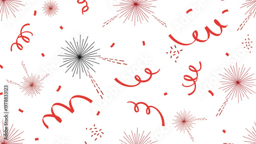 Festive seamless pattern with red spiral streamers and black burst sparklers on a white background, ideal for party decor and celebrations.