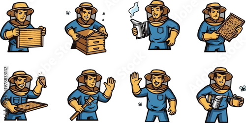 Beekeeper actions collection illustration vector apiary related