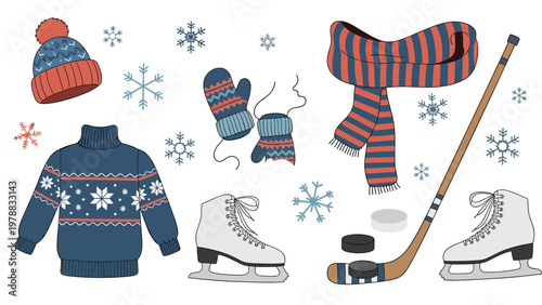 Collection of winter essentials including a blue sweater, hat, scarf, mittens, ice skates, hockey stick, and decorative snowflakes on white.
