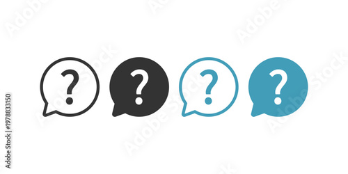 Set of four question mark icons in speech bubbles: black blue and outline styles.