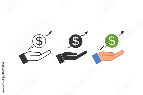 Economic growth concept: diverse hands holding rising dollar symbols.