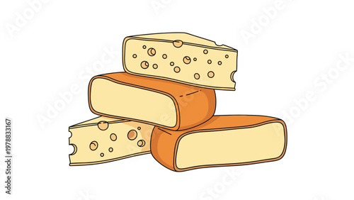 Assorted blocks of yellow cheese with holes stacked together in a delicious food composition, perfect for dairy product or culinary designs.
