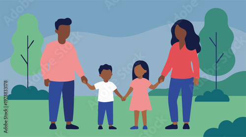 Diverse family of four, two parents and two children, holding hands in park