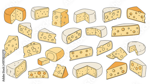 Extensive collection of various cheese types including wedges, wheels, and slices with different textures and colors for gourmet food themes.