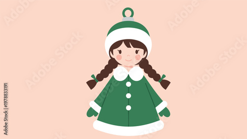 Cute character illustration of a young girl with brown braids wearing a green winter coat and matching hat on a soft pink background base.