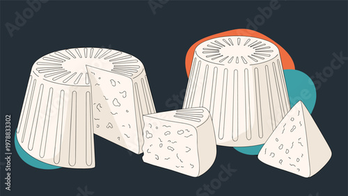 Fresh white cheese wheels and wedges presented with abstract colorful background shapes, suitable for Italian dairy product advertisements.