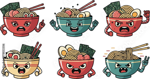 Cartoon bowls of ramen with expressions and chopsticks illustration