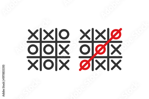 Tic tac toe game winning strategy concept with red highlighted circle.