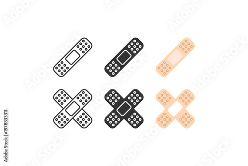 Assorted adhesive bandages in simple patterns on white background.