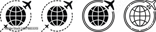 Travel airplane globe icon set, vector collection of plane flying around earth symbolizing international travel world tourism and global journey concepts.